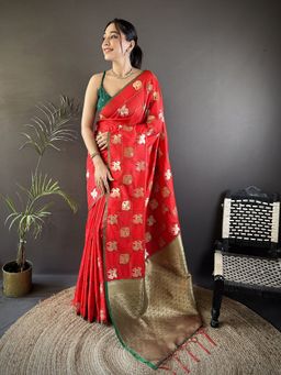Elora - Red Woven Saree With Unstitched Blouse