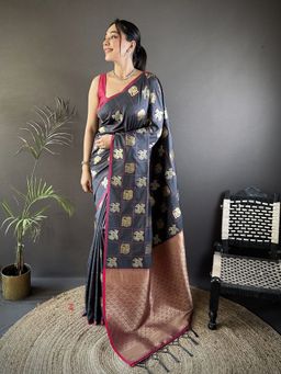 Elora - Grey Woven Saree With Unstitched Blouse