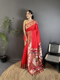 Elora - Red Floral Saree With Unstitched Blouse