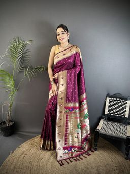 Elora - Wine Floral Saree With Unstitched Blouse