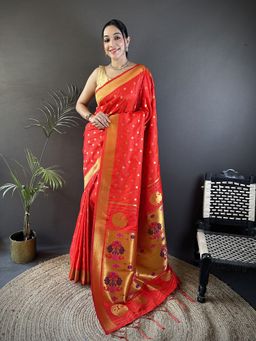 Elora - Red Floral Saree With Unstitched Blouse