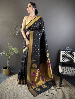 Elora - Black Floral Saree With Unstitched Blouse