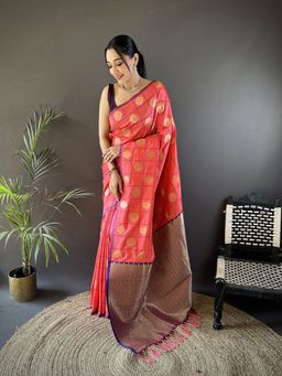 Elora - Pink Checks Saree With Unstitched Blouse