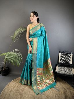 Elora - Teal Woven Saree With Unstitched Blouse
