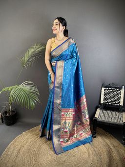 Elora - Blue Woven Saree With Unstitched Blouse