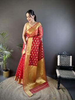 Elora - Red Polka Dots Saree With Unstitched Blouse