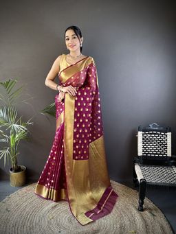 Elora - Maroon Polka Dots Saree With Unstitched Blouse