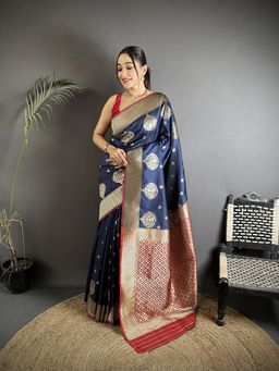 Elora - Navy Blue Woven Saree With Unstitched Blouse