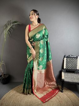 Elora - Green Woven Saree With Unstitched Blouse