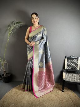 Elora - Grey Woven Saree With Unstitched Blouse