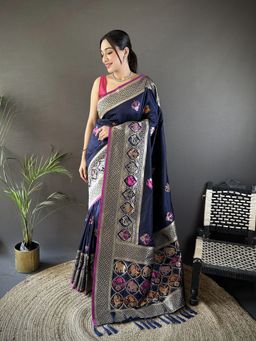 Elora - Navy Blue Woven Saree With Unstitched Blouse