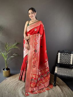 Elora - Red Woven Saree With Unstitched Blouse