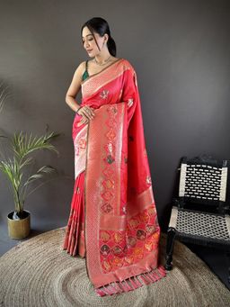 Elora - Coral Woven Saree With Unstitched Blouse