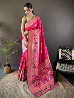 Elora - Pink Woven Saree With Unstitched Blouse