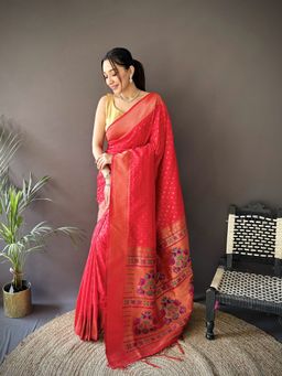 Elora - Red Woven Saree With Unstitched Blouse