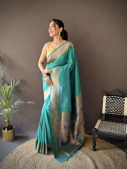Elora - Teal Woven Saree With Unstitched Blouse
