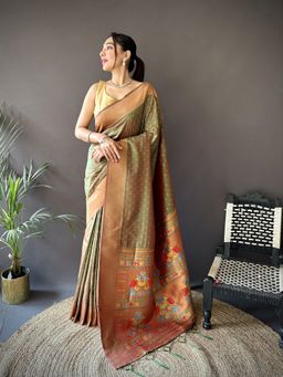 Elora - Olive Woven Saree With Unstitched Blouse