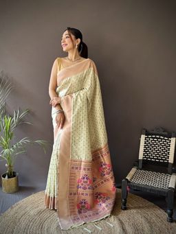 Elora - Beige Woven Saree With Unstitched Blouse