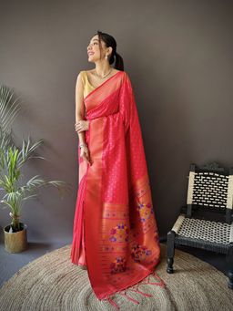 Elora - Pink Woven Saree With Unstitched Blouse