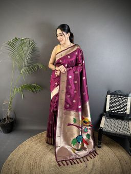 Elora - Wine Floral Saree With Unstitched Blouse