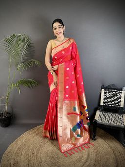 Elora - Red Floral Saree With Unstitched Blouse