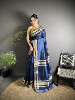Elora - Navy Blue Woven Saree With Unstitched Blouse