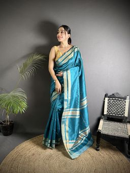 Elora - Turquoise Woven Saree With Unstitched Blouse