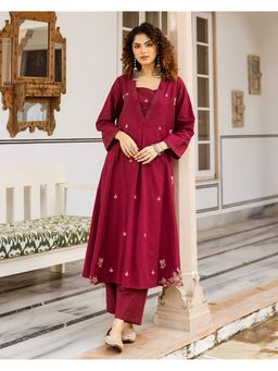 Label Madhuri Thakkar - Women Maroon Pure Cotton Floral Kurta & Pant