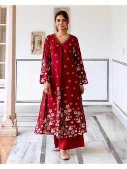 Label Madhuri Thakkar - Women Maroon Pure Cotton Floral Kurta And Palazzo