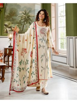 Label Madhuri Thakkar - Women Ivory Pure Cotton Floral Kurta And Palazzo With Dupatta