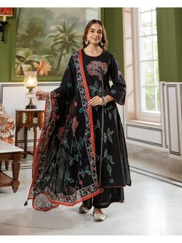 Label Madhuri Thakkar - Women Black Pure Cotton Floral Kurta And Palazzo With Dupatta