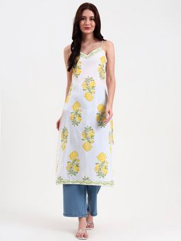Yufta - White Floral Print Cotton Straight Kurta