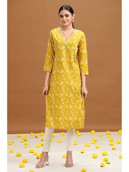Cotton Culture - Yellow Abstract Floral Printed Straight Kurta