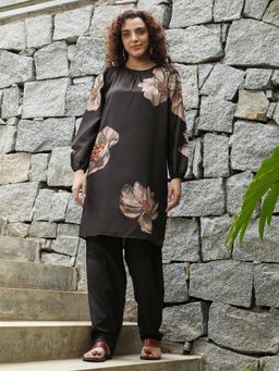 Qissa - Women Brown Polyester Floral Kurta & Pant