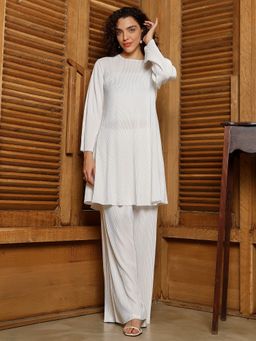 Qissa - Women White Polyester Stripes Co-Ord Set