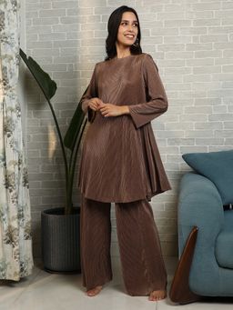 Qissa - Women Brown Polyester Solid Co-Ord Set