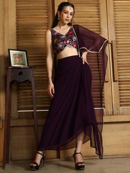 Qissa - Women Onyx Wine Periwinkle Pre-Draped Saree With Stitched Blouse