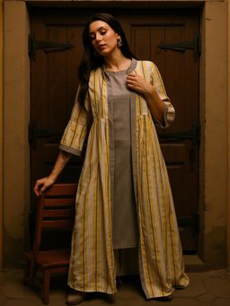 Qissa - Women Grey Cotton Blend Stripes Kurta & Pant with Jacket