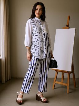 Qissa - Women Blue Cotton Blend Abstract Co-Ord Set