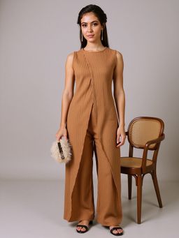 Qissa - Women Beige Polyester Blend Stripes Co-Ord Set
