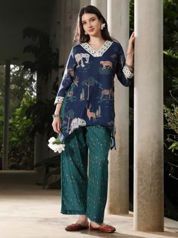 Qissa - Women Blue Polyester Graphic Co-Ord Set