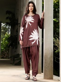 Qissa - Women Brown Satin Floral Co-Ord Set