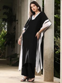 Qissa - Women Black Cotton Blend Stripes Kaftan Kurta & Pant