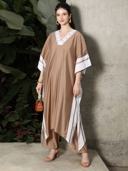 Qissa - Women Beige Cotton Blend Stripes Kaftan Kurta & Pant