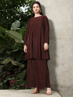 Qissa - Women Brown Satin Stripes Co-Ord Set