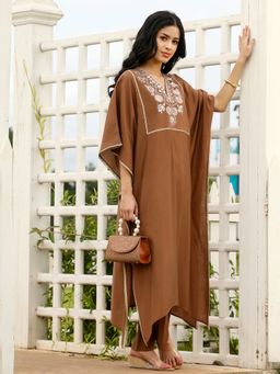 Qissa - Women Brown Viscose Floral Kaftan Kurta & Pant