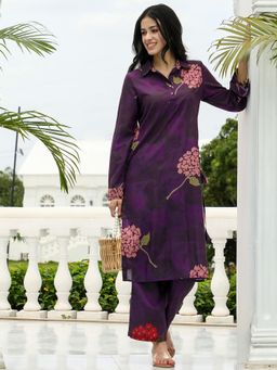 Qissa - Women Purple Cotton Blend Floral Kurta & Pant
