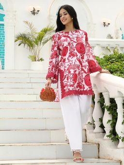 Qissa - Women Red Cotton Blend Floral Co-Ord Set