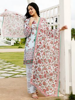 Qissa - Women Blue Cotton Blend Floral Co-Ord Set