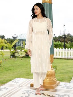 Qissa - Women White Cotton Blend Stripes Kurta & Pant with Inner